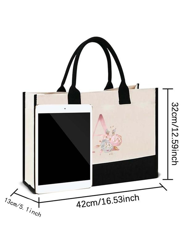 Women's Floral & Letter Pattern Contrast Binding Tote Bag, Casual Large Capacity Shoulder Bag for Daily Used, Trendy All-match Bag for Women