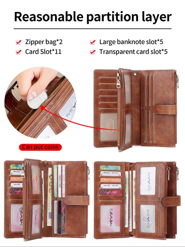 Women's Fashion Vintage Long Wallet, Casual Large Capacity Credit Card Holder, RFID Blocking Wallet for Credit Card  ID Card  Coins  Cash