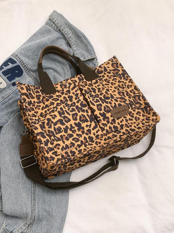 Fashion Leopard Pattern Adjustable Tote Bag, Casual Letters Patched Decor Shoulder Bag for Women, Trendy All-match Commuter Bag