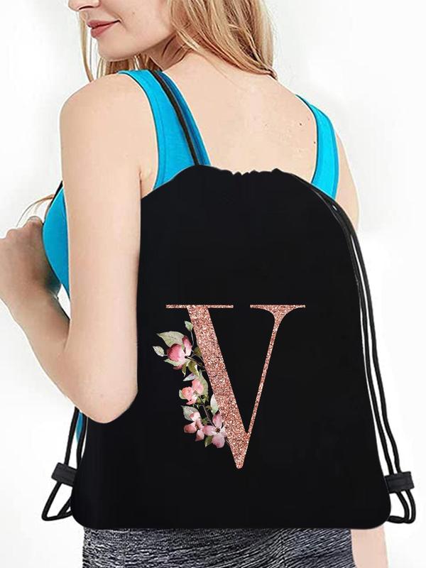 Letter & Flower Pattern Canvas Backpack, 2024 New Style Casual Sports Fitness Travel Outdoor Backpack, New Gold Lettering Shopping Bag, Swimming Basketball Yoga Bag