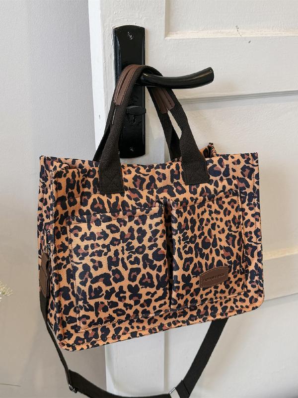 Fashion Leopard Pattern Adjustable Tote Bag, Casual Letters Patched Decor Shoulder Bag for Women, Trendy All-match Commuter Bag