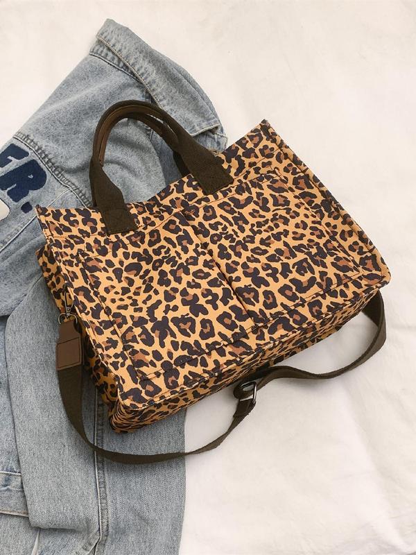 Fashion Leopard Pattern Adjustable Tote Bag, Casual Letters Patched Decor Shoulder Bag for Women, Trendy All-match Commuter Bag