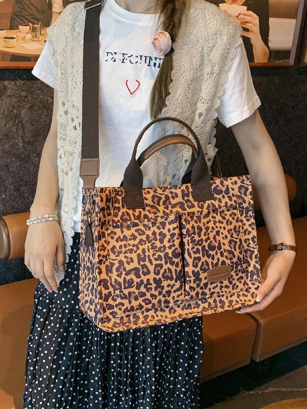 Fashion Leopard Pattern Adjustable Tote Bag, Casual Letters Patched Decor Shoulder Bag for Women, Trendy All-match Commuter Bag