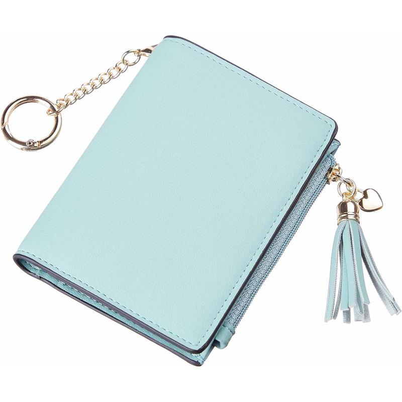 Small Wallet Women RFID Blocking Leather Credit Card Wallet with ID Window and Zippered Coin Pocket Tassel Cute Wallet