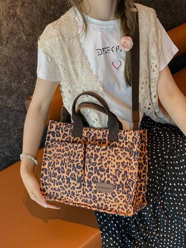 Fashion Leopard Pattern Adjustable Tote Bag, Casual Letters Patched Decor Shoulder Bag for Women, Trendy All-match Commuter Bag