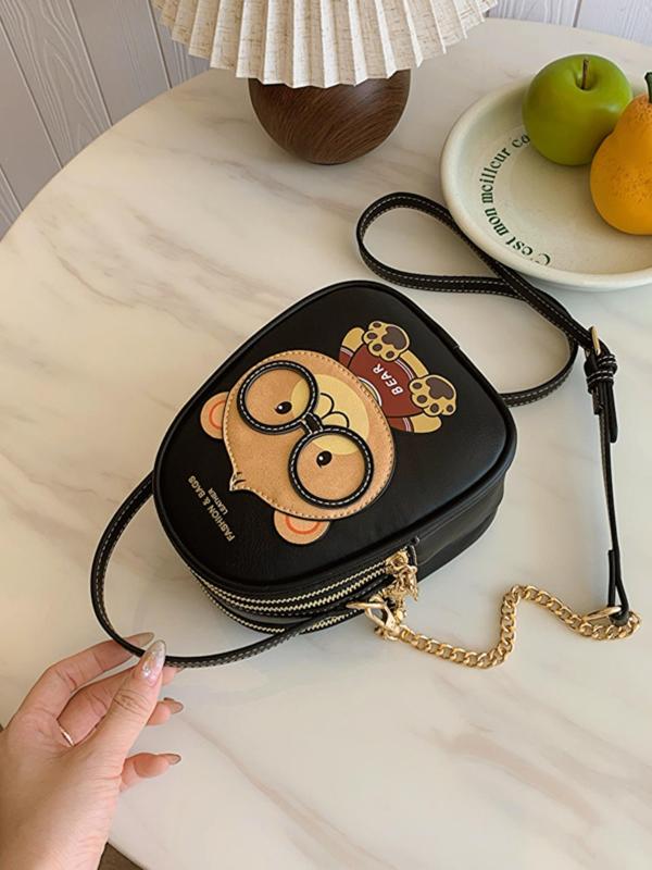 Women's Cute Cartoon Bear Pattern Handbag,  Luxury Designer Handbags, Fashionable Zipper Crossbody Bag with Adjustable Strap for Daily Used, Trendy All-match Commuter Bag