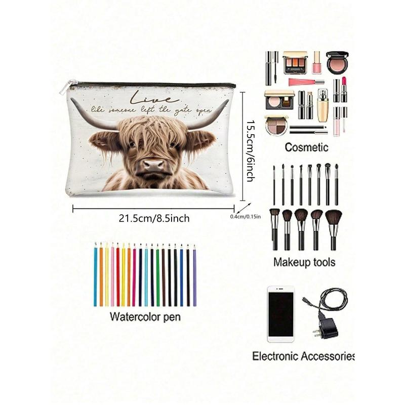 1pc Highland Cow Pattern Print Cosmetic Bag, Western Toiletry Pouch, Cowgirl Accessories, Western Gift Makeup Bag Travel School School Supplies Travel Essentials Make Up Bag Holiday Essentials Holiday Back To School Makeup Bags