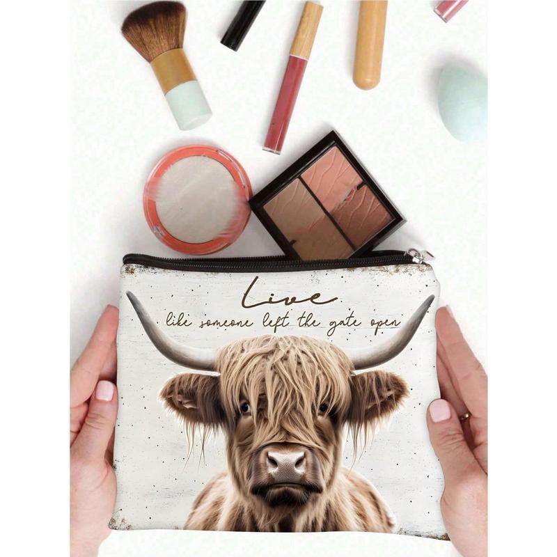 1pc Highland Cow Pattern Print Cosmetic Bag, Western Toiletry Pouch, Cowgirl Accessories, Western Gift Makeup Bag Travel School School Supplies Travel Essentials Make Up Bag Holiday Essentials Holiday Back To School Makeup Bags