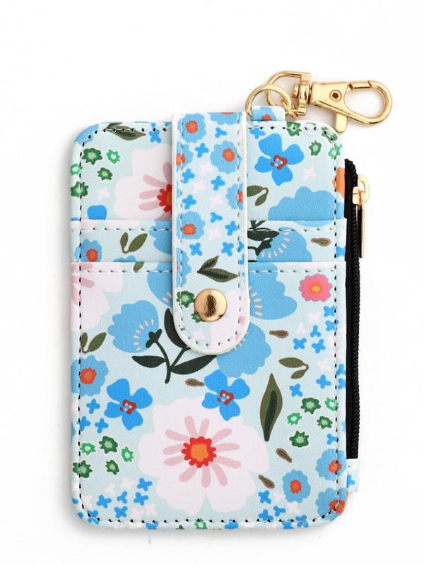 Floral Pattern Card Holder, Zipper Wallet Keychain for Women & Girls, Fashion Keychain for Daily Clothing Decor, Bag Charm Keychain for Birthday Gift