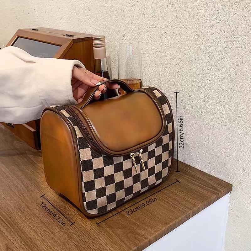 Vintage Checkerboard Pattern Makeup Bag, Large Capacity Cosmetic Storage Bag, Portable Travel Makeup Organizer Pouch for Women & Girls