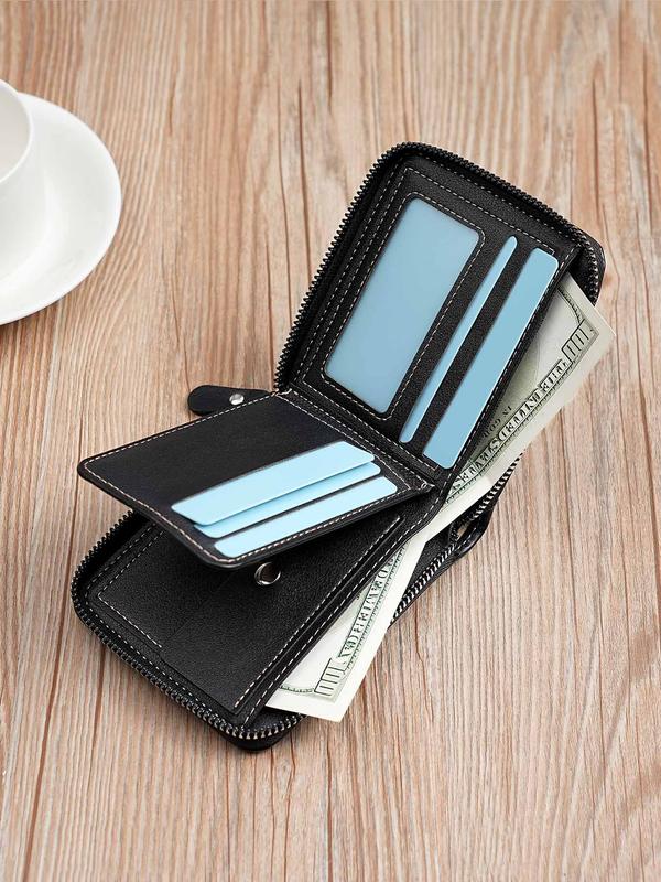 Men's Fashion Letter Design Pu Leather Zipper Short Wallet, Versatile Wallet for Men for Daily Used, Casual Trendy High-quality Daily Commuting Wallet