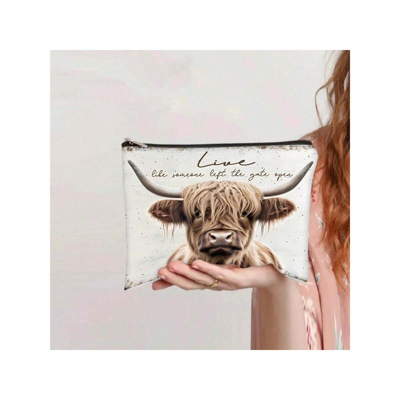 1pc Highland Cow Pattern Print Cosmetic Bag, Western Toiletry Pouch, Cowgirl Accessories, Western Gift Makeup Bag Travel School School Supplies Travel Essentials Make Up Bag Holiday Essentials Holiday Back To School Makeup Bags