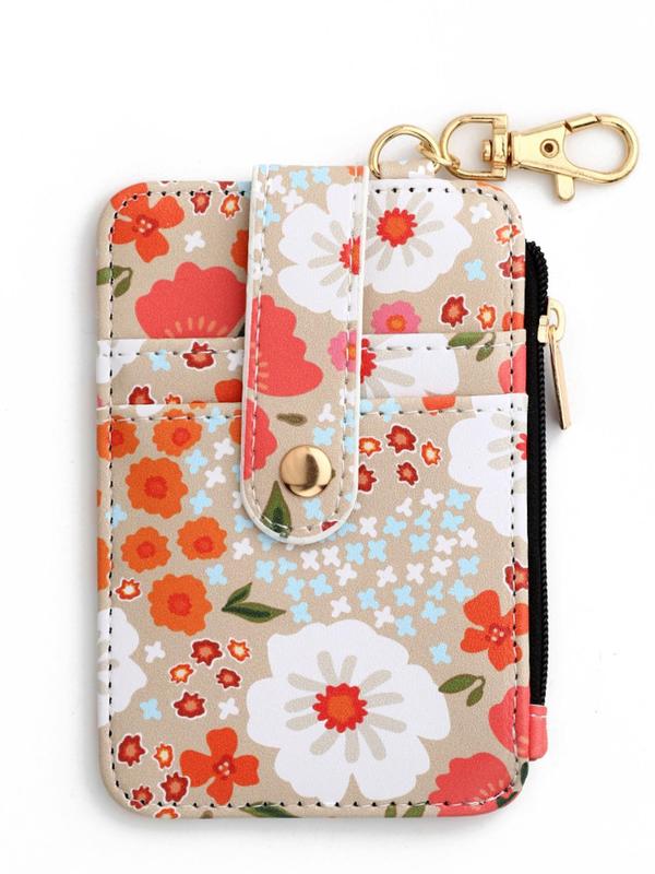 Floral Pattern Card Holder, Zipper Wallet Keychain for Women & Girls, Fashion Keychain for Daily Clothing Decor, Bag Charm Keychain for Birthday Gift