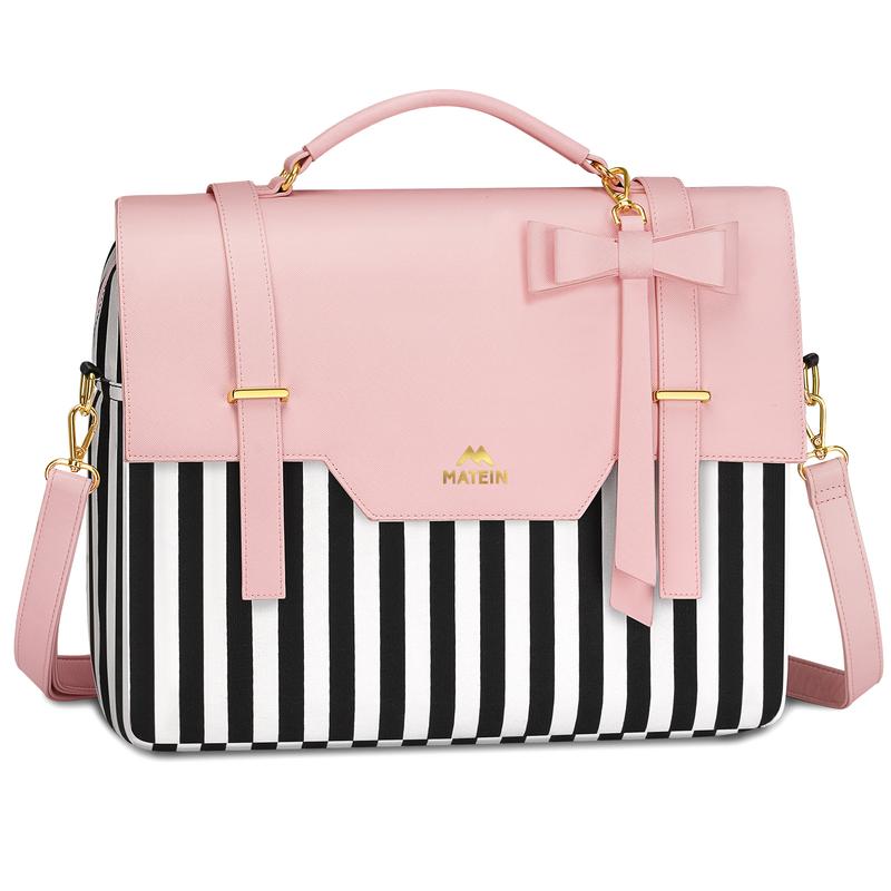 15.6 inch Chic Slim Computer Briefcase Case, Work Tote Bag for Women Teacher Business Office, Pink Adjustable Portable Casual Laptop Shoulder Bags