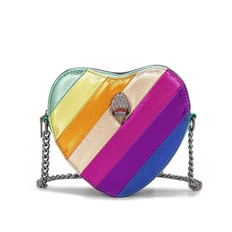 KURT G LONDON Women's Bag Rainbow Splicing Retro Chain Shoulder Fashion Heart shaped Trendy Eagle Head Bag