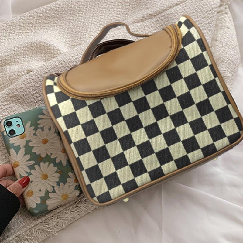 Vintage Checkerboard Pattern Makeup Bag, Large Capacity Cosmetic Storage Bag, Portable Travel Makeup Organizer Pouch for Women & Girls