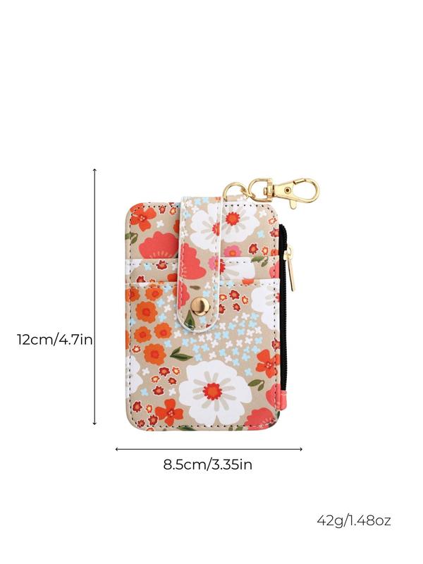 Floral Pattern Card Holder, Zipper Wallet Keychain for Women & Girls, Fashion Keychain for Daily Clothing Decor, Bag Charm Keychain for Birthday Gift