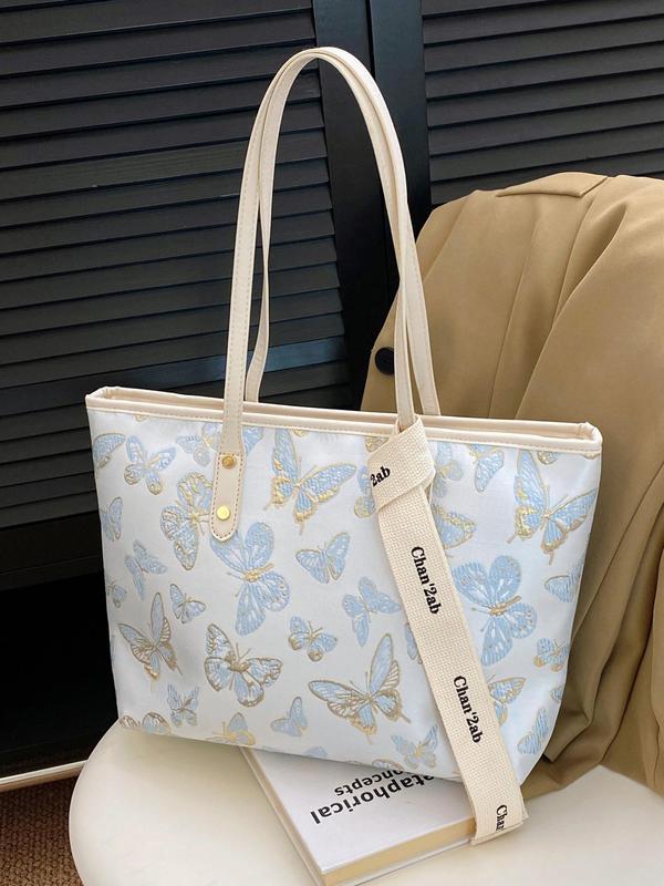 Women's Floral & Butterfly Pattern Tote Bag, Casual Large Capacity Shoulder Bag for Daily Used, Trendy All-match Bag for Commute, Work, Travel