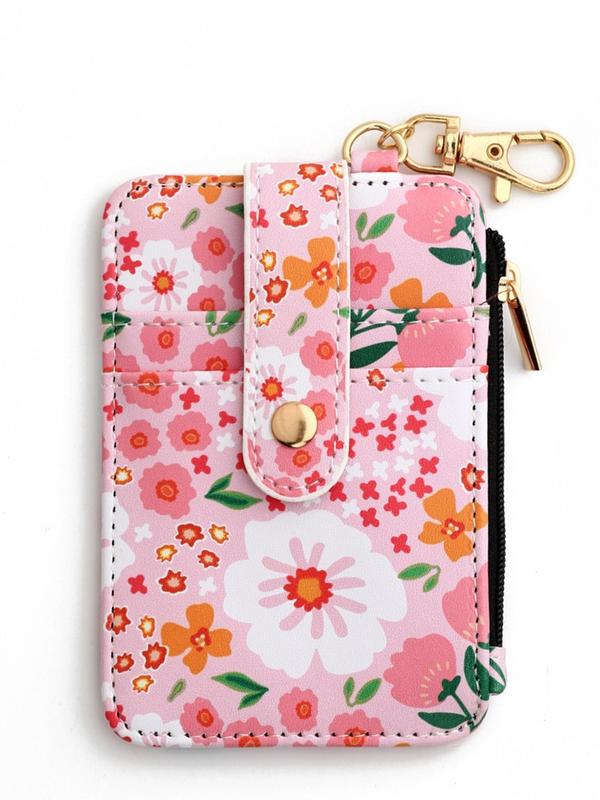 Floral Pattern Card Holder, Zipper Wallet Keychain for Women & Girls, Fashion Keychain for Daily Clothing Decor, Bag Charm Keychain for Birthday Gift