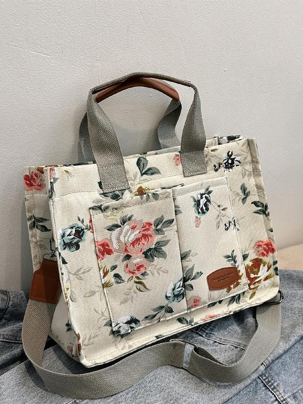 Fashionable Leopard & Fruit & Flower & Striped Print Tote Bag, Casual Animal Print Shoulder Bag for Women, Vintage Multi-pocket Cow Print Tote Travel Bag for Daily & Back To School, Work Bag