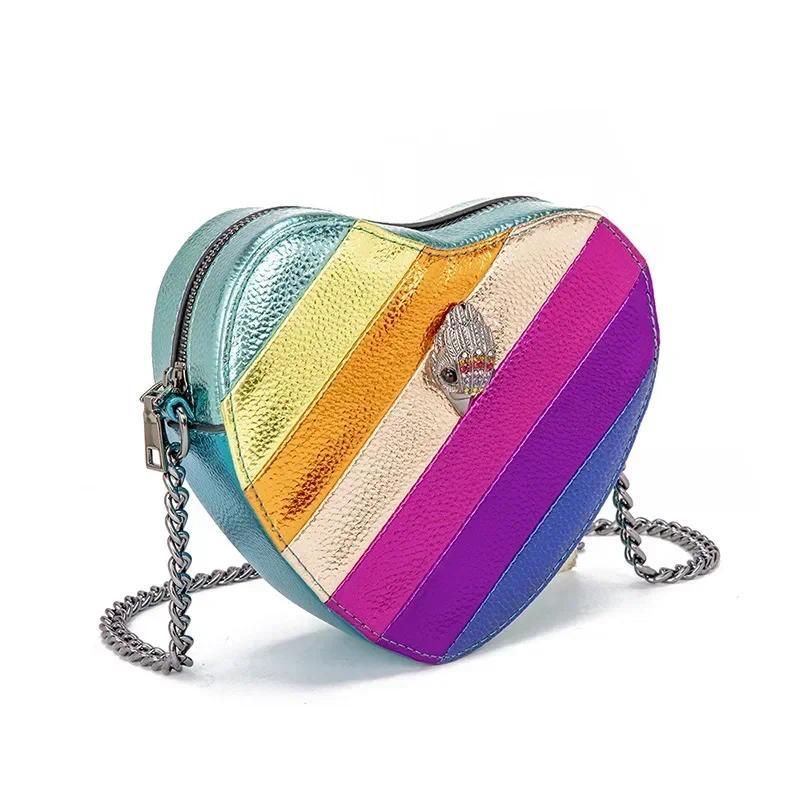 KURT G LONDON Women's Bag Rainbow Splicing Retro Chain Shoulder Fashion Heart shaped Trendy Eagle Head Bag