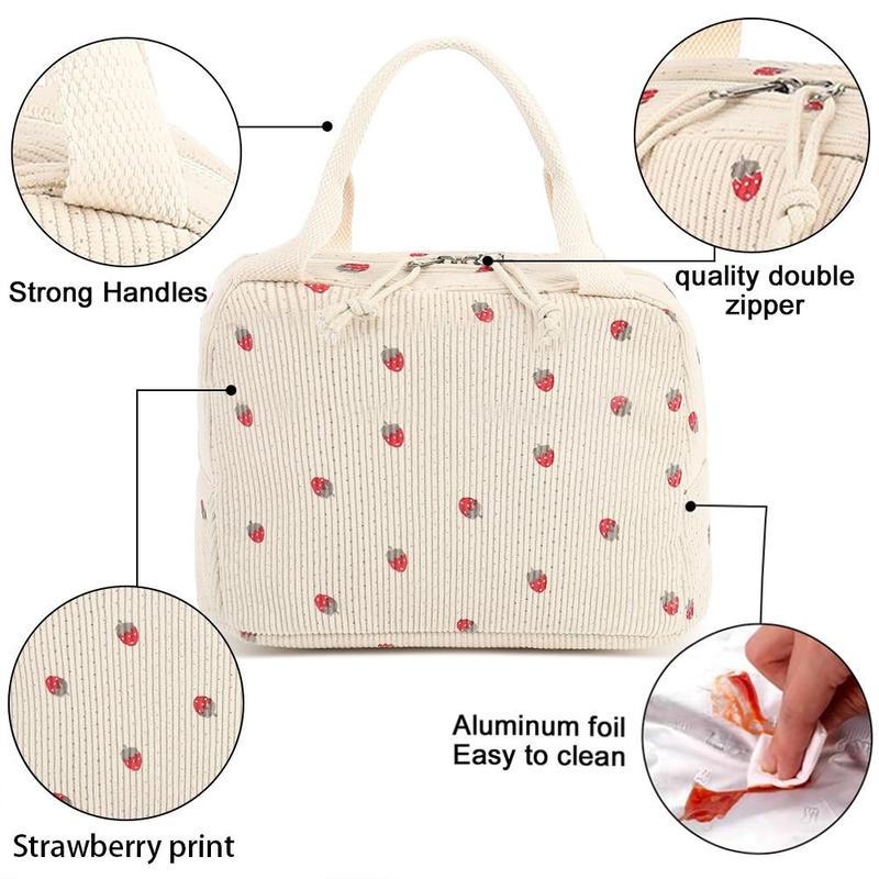 Strawberry Pattern Lunch Bag, 1 Count Reusable Lunch Tote Bag with Handle, Large Capacity Insulated Cooler Bag for Work Picnic & Travel