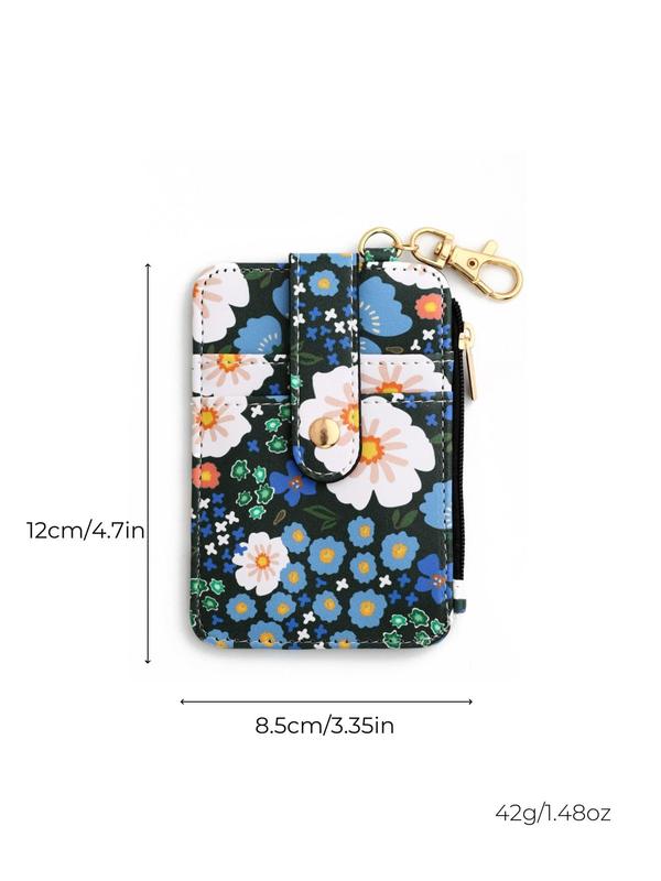 Floral Pattern Card Holder, Zipper Wallet Keychain for Women & Girls, Fashion Keychain for Daily Clothing Decor, Bag Charm Keychain for Birthday Gift