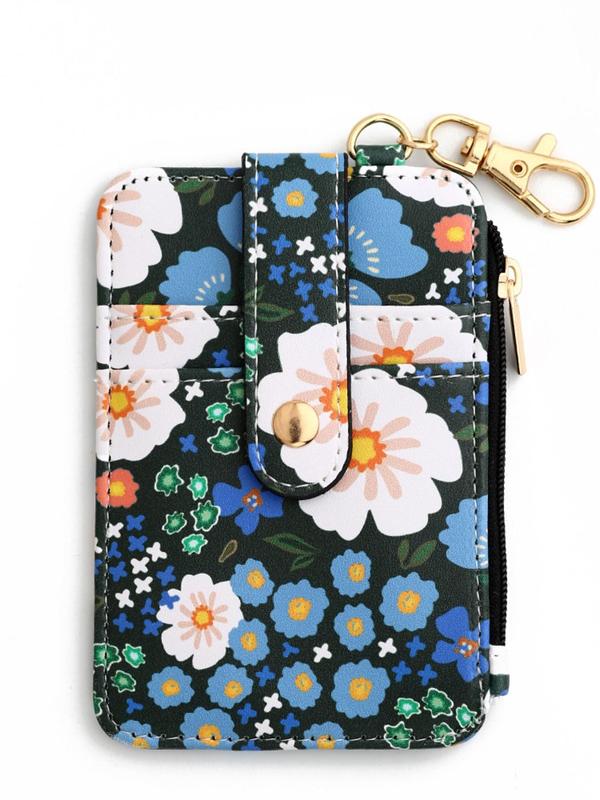 Floral Pattern Card Holder, Zipper Wallet Keychain for Women & Girls, Fashion Keychain for Daily Clothing Decor, Bag Charm Keychain for Birthday Gift