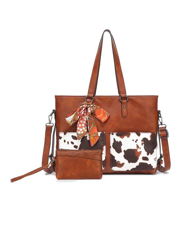 Women's Fashionable Cow Pattern Bow Decorated Tote Bag & Wallet Set, Casual Versatile Shoulder Bag & Wallet Set, Trendy High-quality Daily Commuting Bag Set