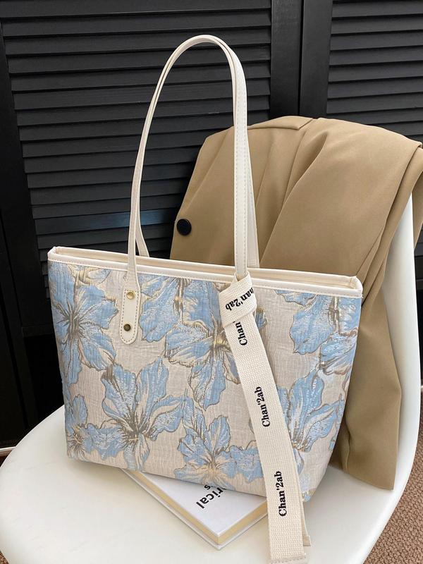 Women's Floral & Butterfly Pattern Tote Bag, Casual Large Capacity Shoulder Bag for Daily Used, Trendy All-match Bag for Commute, Work, Travel