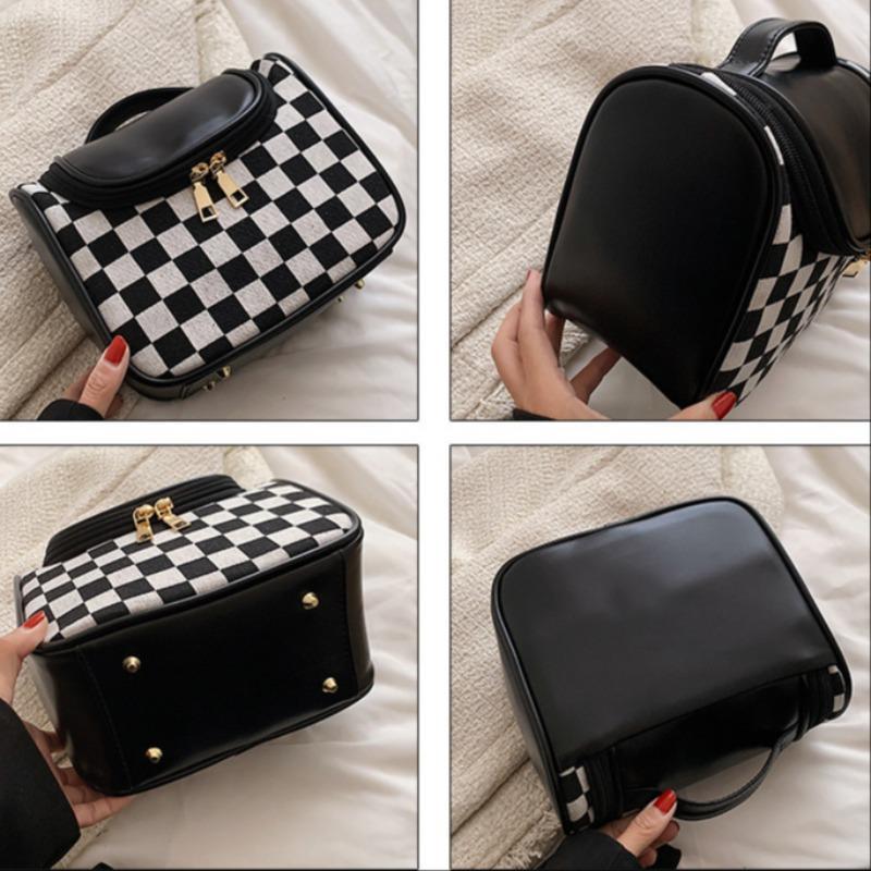 Vintage Checkerboard Pattern Makeup Bag, Large Capacity Cosmetic Storage Bag, Portable Travel Makeup Organizer Pouch for Women & Girls