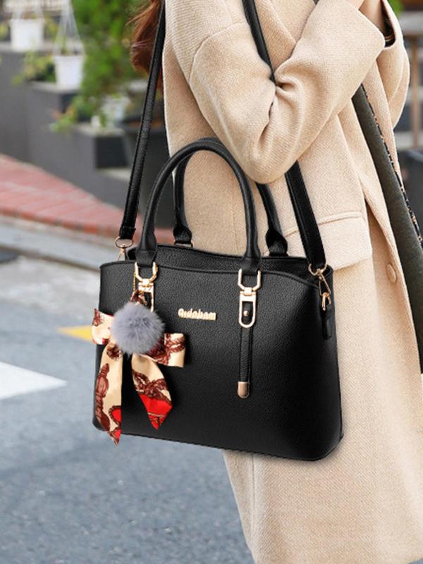 Women's Elegant Solid Color Handbag, Fashionable Pu Leather Crossbody Bag with Pom Pom Charm, Casual Trendy Versatile High-quality Daily Commuting Bag