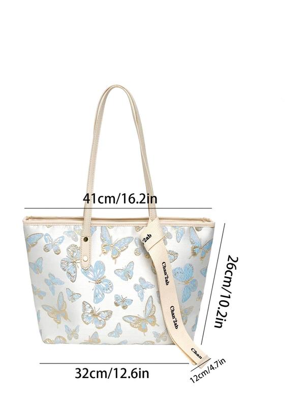 Women's Floral & Butterfly Pattern Tote Bag, Casual Large Capacity Shoulder Bag for Daily Used, Trendy All-match Bag for Commute, Work, Travel