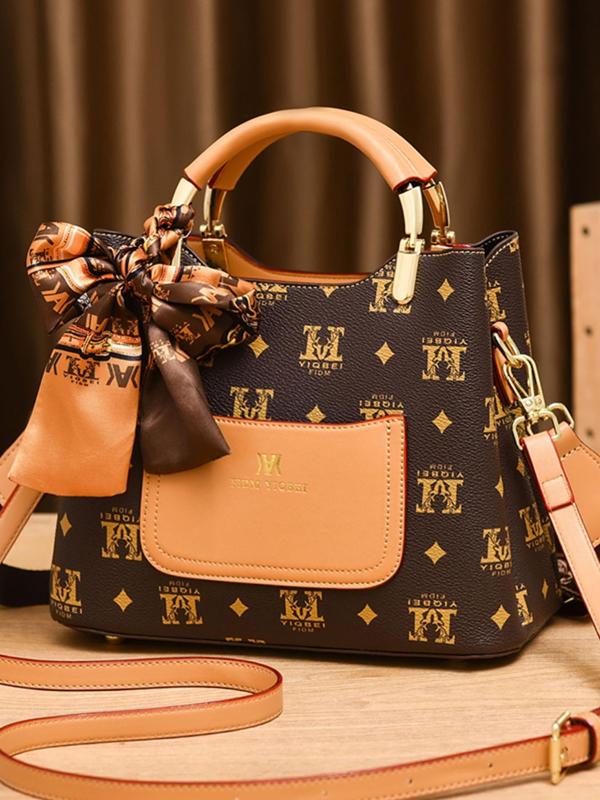 Fashion Letter Pattern Ribbon Decorated Handbag, Casual Versatile Shoulder Bag for Women, Trendy All-match Commuter Bag for Daily Used