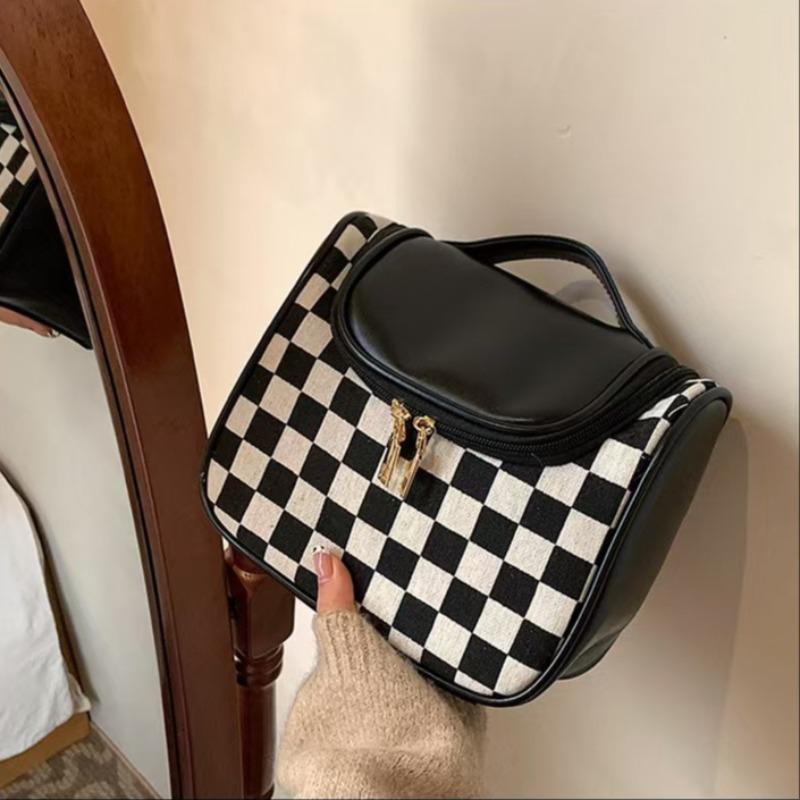 Vintage Checkerboard Pattern Makeup Bag, Large Capacity Cosmetic Storage Bag, Portable Travel Makeup Organizer Pouch for Women & Girls