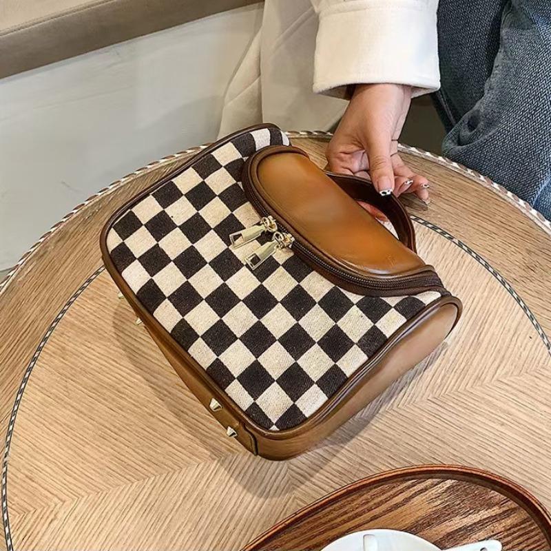 Vintage Checkerboard Pattern Makeup Bag, Large Capacity Cosmetic Storage Bag, Portable Travel Makeup Organizer Pouch for Women & Girls