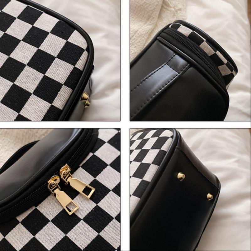 Vintage Checkerboard Pattern Makeup Bag, Large Capacity Cosmetic Storage Bag, Portable Travel Makeup Organizer Pouch for Women & Girls