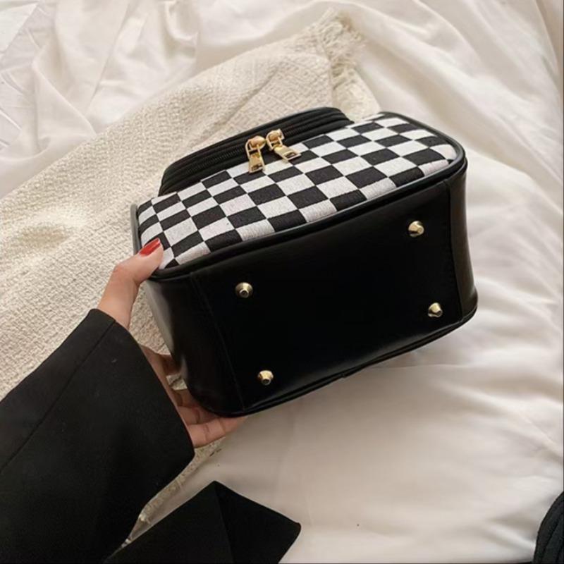 Vintage Checkerboard Pattern Makeup Bag, Large Capacity Cosmetic Storage Bag, Portable Travel Makeup Organizer Pouch for Women & Girls