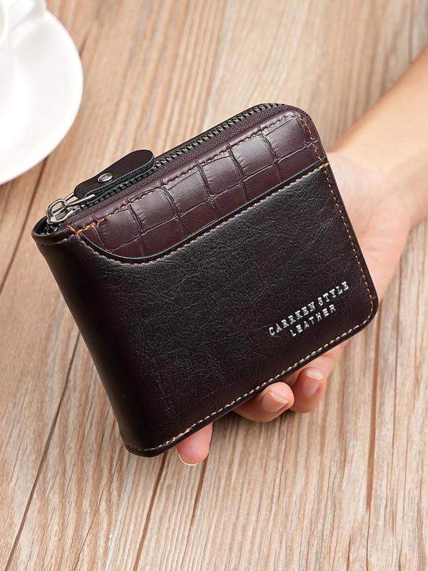 Men's Fashion Letter Design Pu Leather Zipper Short Wallet, Versatile Wallet for Men for Daily Used, Casual Trendy High-quality Daily Commuting Wallet