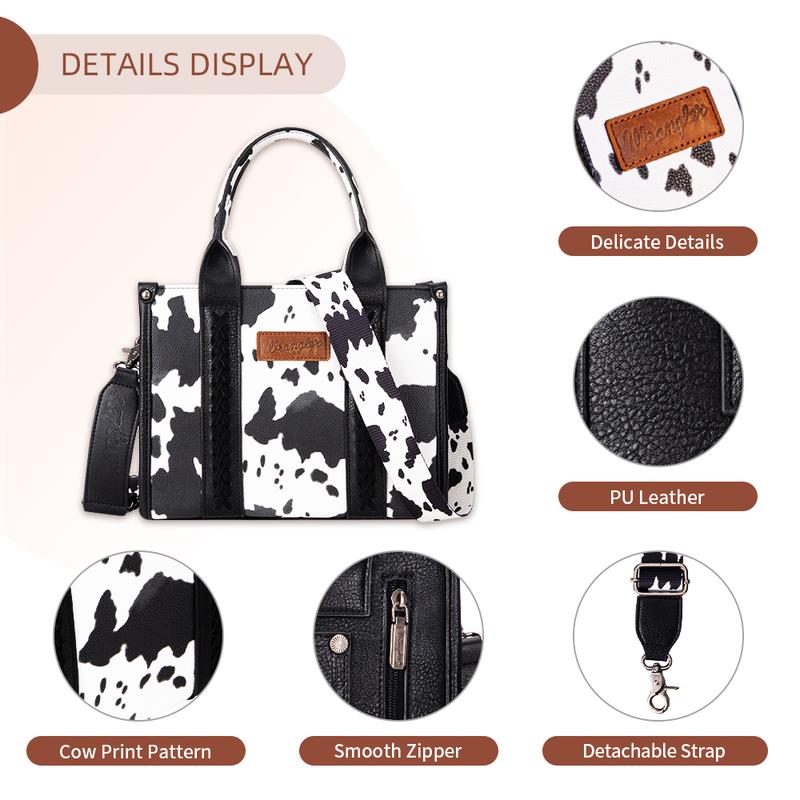 [Wrangler] Concealed Carry Moo Moo Cow Print Tote Handbag - Large Capacity Tote with Zipper for Phones, Cosmetics, Keys, Purses