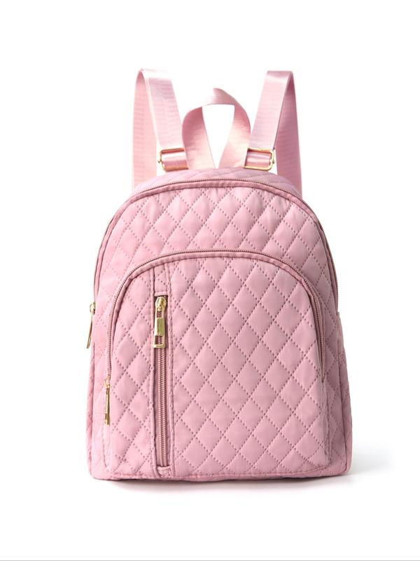 Women's Solid Color Quilted Detail Zipper Backpack, Large Capacity Travel Backpack, Casual Fashion Backpack For Daily Commuting Use