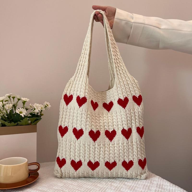 Heart Pattern Crochet Minimalist Tote Bag, Casual Large Capacity Shoulder Bag for Women, Female Trendy School Bag for Daily Wear, Office, College, Work, Commute,  Gift for her