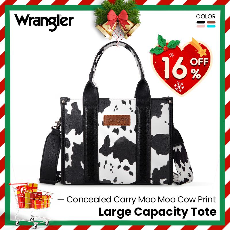 [Wrangler] Concealed Carry Moo Moo Cow Print Tote Handbag - Large Capacity Tote with Zipper for Phones, Cosmetics, Keys, Purses