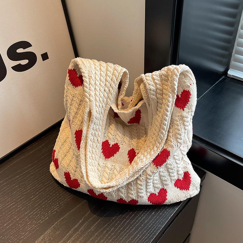 Heart Pattern Crochet Minimalist Tote Bag, Casual Large Capacity Shoulder Bag for Women, Female Trendy School Bag for Daily Wear, Office, College, Work, Commute,  Gift for her