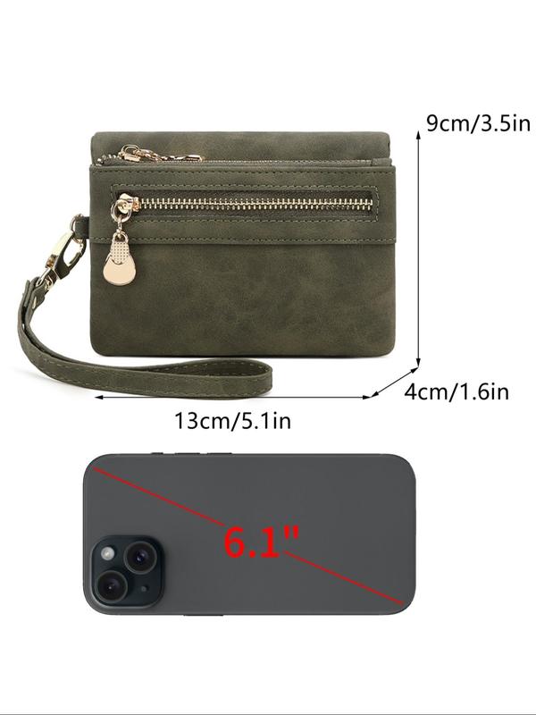 Women's Solid Color Zipper Short Wallet, Fashionable PU Leather Card Holder with Wrist Strap, Casual Portable Wallet for Daily Used