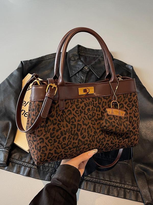 Women's Fashion Leopard Print Handbag & Coin Purse Bag Charm, Casual Versatile Shoulder Bag, Trendy All-match Commuter Bag for Daily Used