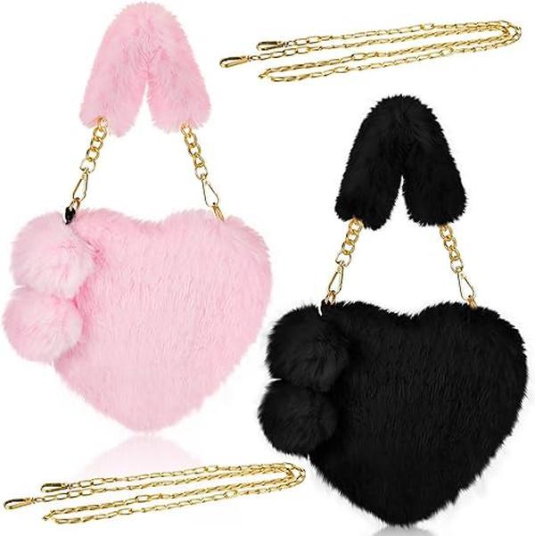 Rejolly Furry Purse for Girls Heart Shaped Fluffy Faux Fur Handbag for Women Soft Small Shoulder Bag Clutch Purse