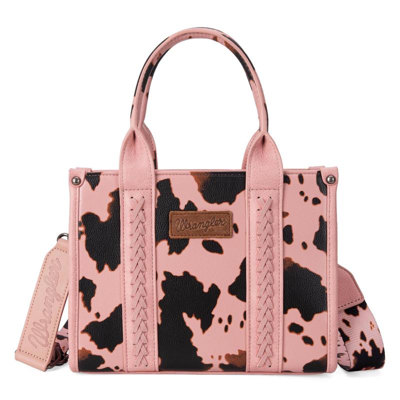 [Wrangler] Concealed Carry Moo Moo Cow Print Tote Handbag - Large Capacity Tote with Zipper for Phones, Cosmetics, Keys, Purses