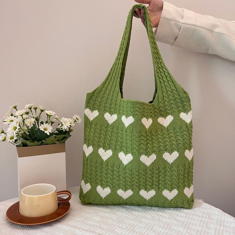 Heart Pattern Crochet Minimalist Tote Bag, Casual Large Capacity Shoulder Bag for Women, Female Trendy School Bag for Daily Wear, Office, College, Work, Commute,  Gift for her