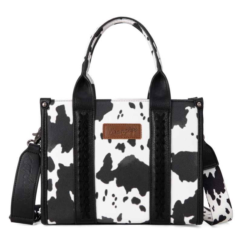 [Wrangler] Concealed Carry Moo Moo Cow Print Tote Handbag - Large Capacity Tote with Zipper for Phones, Cosmetics, Keys, Purses